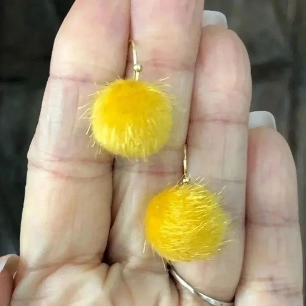 Yellow Fuzzy Furry Pom Pom Drop Earrings NWT